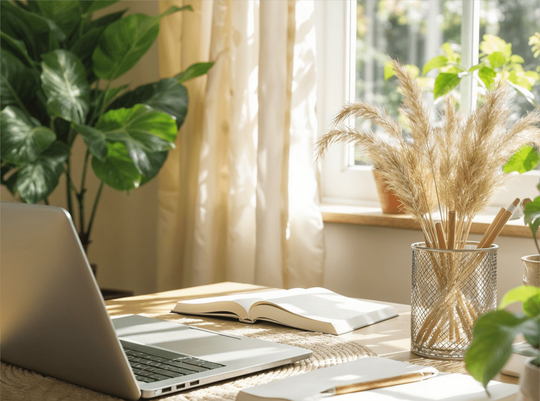 Peaceful sunlit home workspace