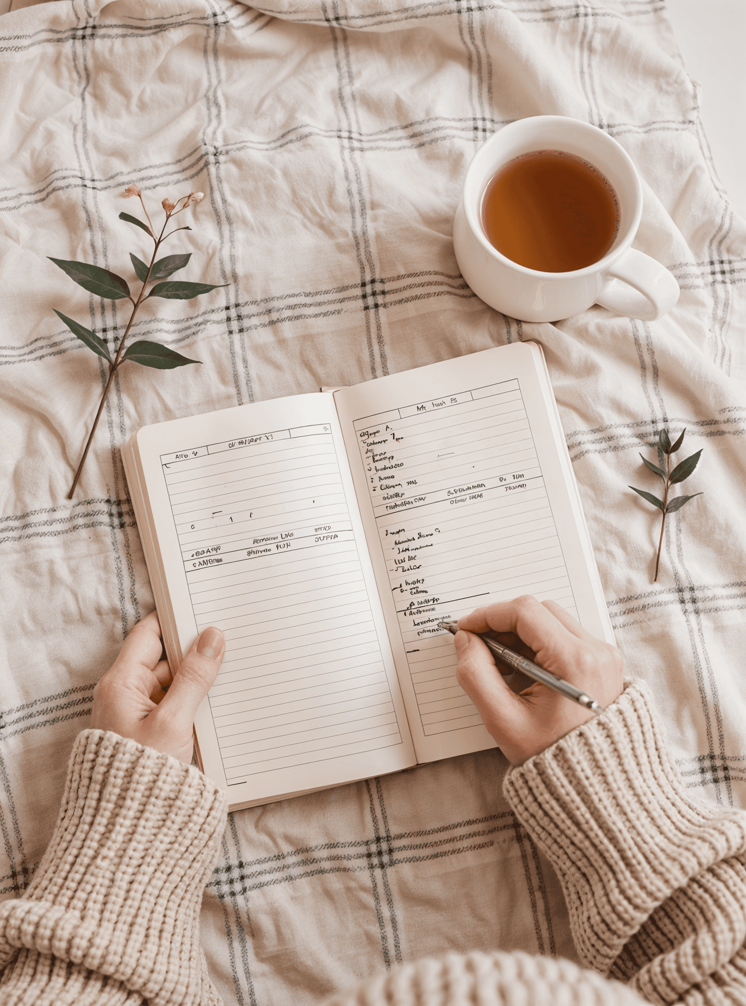 Topdown view of a woman's hands writing in a textbook